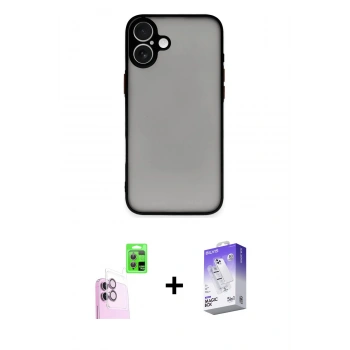 MARSİLYAN™- iPhone 16 Kılıf Ahenk Çizgi Serisi - Siyah Bilvis 5in1 3D Magic Cam Ekran Koruyucu + Raze Metal Kamera Lens - PE