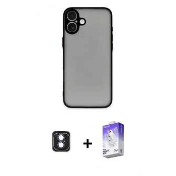 MARSİLYAN™- iPhone 16 Kılıf Ahenk Çizgi Serisi - Siyah Bilvis 5in1 3D Magic Cam Ekran Koruyucu + PVD Metal Kamera Lens - MI