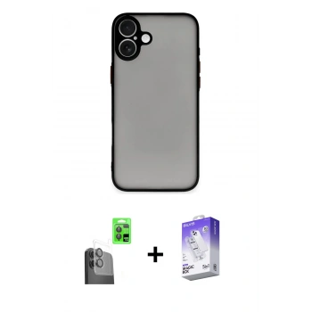 MARSİLYAN™- iPhone 16 Kılıf Ahenk Çizgi Serisi - Siyah Bilvis 5in1 3D Magic Cam Ekran Koruyucu + Raze Metal Kamera Lens - SH