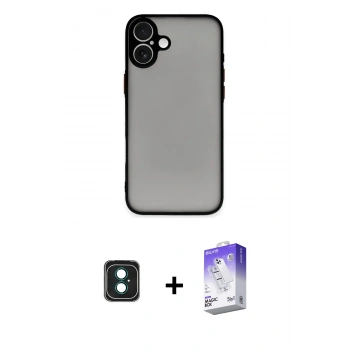 MARSİLYAN™- iPhone 16 Kılıf Ahenk Çizgi Serisi - Siyah Bilvis 5in1 3D Magic Cam Ekran Koruyucu + PVD Metal Kamera Lens - YL