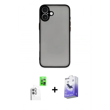 MARSİLYAN™- iPhone 16 Kılıf Ahenk Çizgi Serisi - Siyah Bilvis 5in1 5D Magic Hayalet Cam Ekran Koruyucu + Raze Metal Kamera Lens - BZ