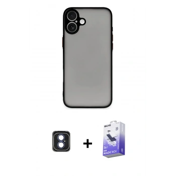 MARSİLYAN™- iPhone 16 Kılıf Ahenk Çizgi Serisi - Siyah Bilvis 5in1 5D Magic Hayalet Cam Ekran Koruyucu + PVD Metal Kamera Lens - MI