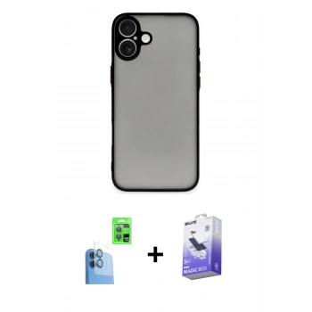 MARSİLYAN™- iPhone 16 Kılıf Ahenk Çizgi Serisi - Siyah Bilvis 5in1 5D Magic Hayalet Cam Ekran Koruyucu + Raze Metal Kamera Lens - LT