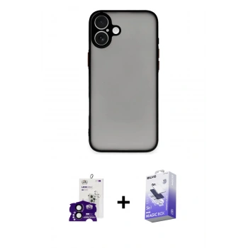 MARSİLYAN™- iPhone 16 Kılıf Ahenk Çizgi Serisi - Siyah Bilvis 5in1 5D Magic Hayalet Cam Ekran Koruyucu + Bilvis Titan Kamera Lens - SH
