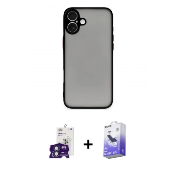 MARSİLYAN™- iPhone 16 Kılıf Ahenk Çizgi Serisi - Siyah Bilvis 5in1 5D Magic Hayalet Cam Ekran Koruyucu + Bilvis Titan Kamera Lens - YL