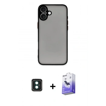 MARSİLYAN™- iPhone 16 Kılıf Ahenk Çizgi Serisi - Siyah Bilvis 5in1 5D Magic Hayalet Cam Ekran Koruyucu + PVD Metal Kamera Lens - YL