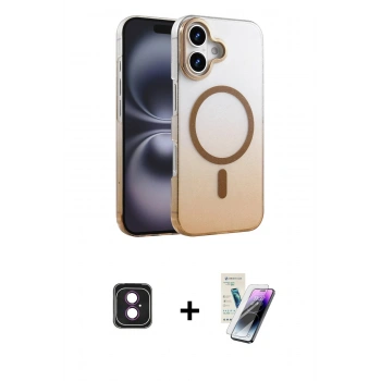 MARSİLYAN™- iPhone 16 Kılıf Ahenk Doku Özel Seri - Şeffaf Pasifik Cam Ekran Koruyucu + PVD Metal Kamera Lens - PE