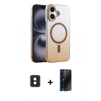 MARSİLYAN™- iPhone 16 Kılıf Ahenk Doku Özel Seri - Siyah 3D Antistatik Hayalet Cam Ekran Koruyucu + PVD Metal Kamera Lens - PE