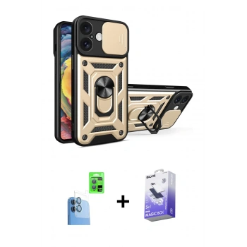 MARSİLYAN™- iPhone 16 Kılıf Ahenk Klasik - Siyah Bilvis 5in1 5D Magic Hayalet Cam Ekran Koruyucu + Raze Metal Kamera Lens - LT