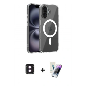 MARSİLYAN™- iPhone 16 Kılıf Ahenk Minimal Serisi - Şeffaf Pasifik Cam Ekran Koruyucu + PVD Metal Kamera Lens - PE