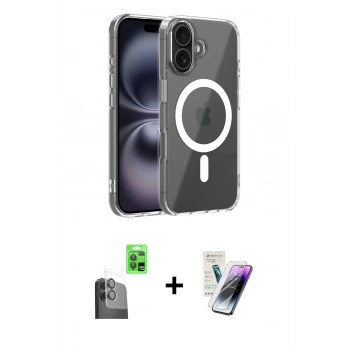 MARSİLYAN™- iPhone 16 Kılıf Ahenk Minimal Serisi - Şeffaf Pasifik Cam Ekran Koruyucu + Raze Metal Kamera Lens - SH