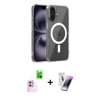 MARSİLYAN™- iPhone 16 Kılıf Ahenk Minimal Serisi - Şeffaf Pasifik Cam Ekran Koruyucu + Raze Metal Kamera Lens - PE