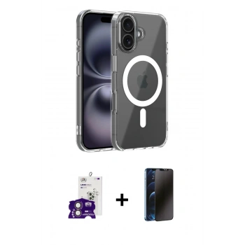 MARSİLYAN™- iPhone 16 Kılıf Ahenk Minimal Serisi - Siyah 3D Antistatik Hayalet Cam Ekran Koruyucu + Bilvis Titan Kamera Lens - PE