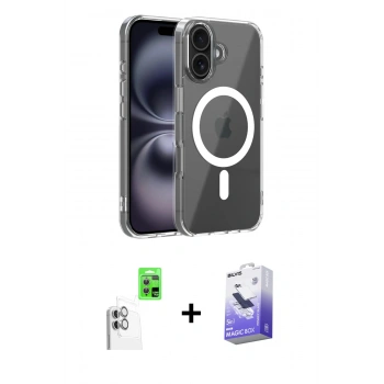 MARSİLYAN™- iPhone 16 Kılıf Ahenk Minimal Serisi - Siyah Bilvis 5in1 5D Magic Hayalet Cam Ekran Koruyucu + Raze Metal Kamera Lens - BZ