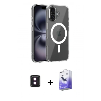 MARSİLYAN™- iPhone 16 Kılıf Ahenk Minimal Serisi - Siyah Bilvis 5in1 5D Magic Hayalet Cam Ekran Koruyucu + PVD Metal Kamera Lens - PE