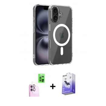 MARSİLYAN™- iPhone 16 Kılıf Ahenk Minimal Serisi - Siyah Bilvis 5in1 5D Magic Hayalet Cam Ekran Koruyucu + Raze Metal Kamera Lens - PE