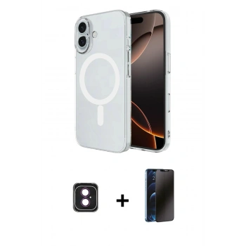 MARSİLYAN™- iPhone 16 Kılıf Ahenk Yansıma Prime - Siyah 3D Antistatik Hayalet Cam Ekran Koruyucu + PVD Metal Kamera Lens - PE