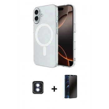 MARSİLYAN™- iPhone 16 Kılıf Ahenk Yansıma Prime - Siyah 3D Antistatik Hayalet Cam Ekran Koruyucu + PVD Metal Kamera Lens - MI