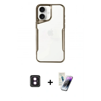 MARSİLYAN™- iPhone 16 Kılıf Akış Çizgi Koleksiyonu - Şeffaf Pasifik Cam Ekran Koruyucu + PVD Metal Kamera Lens - PE