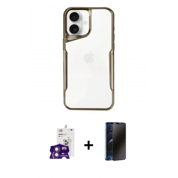 MARSİLYAN™- iPhone 16 Kılıf Akış Çizgi Koleksiyonu - Siyah 3D Antistatik Hayalet Cam Ekran Koruyucu + Bilvis Titan Kamera Lens - PE