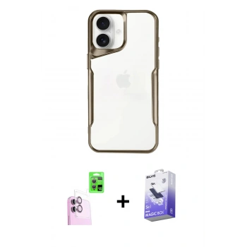 MARSİLYAN™- iPhone 16 Kılıf Akış Çizgi Koleksiyonu - Siyah Bilvis 5in1 5D Magic Hayalet Cam Ekran Koruyucu + Raze Metal Kamera Lens - PE