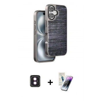 MARSİLYAN™- iPhone 16 Kılıf Atlas Minimal Özel Seri - Şeffaf Pasifik Cam Ekran Koruyucu + PVD Metal Kamera Lens - PE