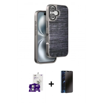 MARSİLYAN™- iPhone 16 Kılıf Atlas Minimal Özel Seri - Siyah 3D Antistatik Hayalet Cam Ekran Koruyucu + Bilvis Titan Kamera Lens - GS