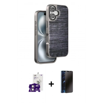 MARSİLYAN™- iPhone 16 Kılıf Atlas Minimal Özel Seri - Siyah 3D Antistatik Hayalet Cam Ekran Koruyucu + Bilvis Titan Kamera Lens - PE