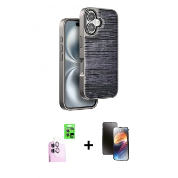 MARSİLYAN™- iPhone 16 Kılıf Atlas Minimal Özel Seri - Siyah 3D Antistatik Mat Seramik Nano Ekran Koruyucu + Raze Metal Kamera Lens - PE