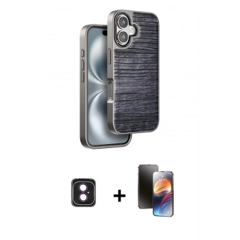 MARSİLYAN™- iPhone 16 Kılıf Atlas Minimal Özel Seri - Siyah 3D Antistatik Mat Seramik Nano Ekran Koruyucu + PVD Metal Kamera Lens - PE