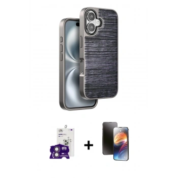 MARSİLYAN™- iPhone 16 Kılıf Atlas Minimal Özel Seri - Siyah 3D Antistatik Mat Seramik Nano Ekran Koruyucu + Bilvis Titan Kamera Lens - PE