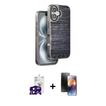 MARSİLYAN™- iPhone 16 Kılıf Atlas Minimal Özel Seri - Siyah 3D Antistatik Mat Seramik Nano Ekran Koruyucu + Bilvis Titan Kamera Lens - SH