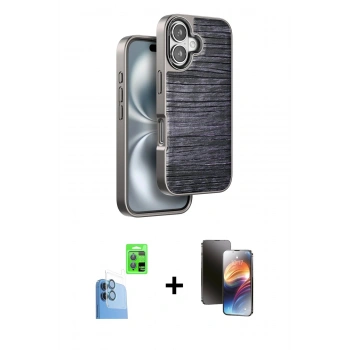 MARSİLYAN™- iPhone 16 Kılıf Atlas Minimal Özel Seri - Siyah 3D Antistatik Mat Seramik Nano Ekran Koruyucu + Raze Metal Kamera Lens - LT