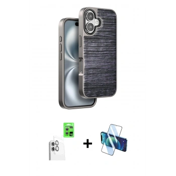 MARSİLYAN™- iPhone 16 Kılıf Atlas Minimal Özel Seri - Siyah 3D Antistatik Seramik Nano Ekran Koruyucu + Raze Metal Kamera Lens - BZ