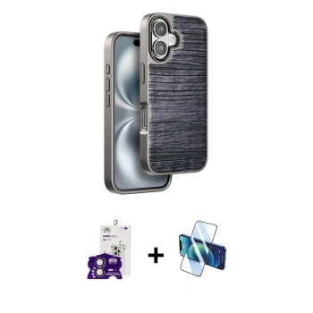 MARSİLYAN™- iPhone 16 Kılıf Atlas Minimal Özel Seri - Siyah 3D Antistatik Seramik Nano Ekran Koruyucu + Bilvis Titan Kamera Lens - PE