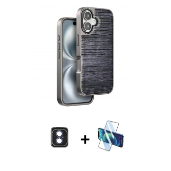 MARSİLYAN™- iPhone 16 Kılıf Atlas Minimal Özel Seri - Siyah 3D Antistatik Seramik Nano Ekran Koruyucu + PVD Metal Kamera Lens - MI