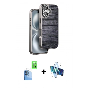 MARSİLYAN™- iPhone 16 Kılıf Atlas Minimal Özel Seri - Siyah 3D Antistatik Seramik Nano Ekran Koruyucu + Raze Metal Kamera Lens - LT