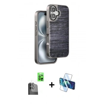 MARSİLYAN™- iPhone 16 Kılıf Atlas Minimal Özel Seri - Siyah 3D Antistatik Seramik Nano Ekran Koruyucu + Raze Metal Kamera Lens - SH