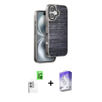 MARSİLYAN™- iPhone 16 Kılıf Atlas Minimal Özel Seri - Siyah Bilvis 5in1 3D Magic Cam Ekran Koruyucu + Raze Metal Kamera Lens - BZ