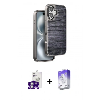 MARSİLYAN™- iPhone 16 Kılıf Atlas Minimal Özel Seri - Siyah Bilvis 5in1 3D Magic Cam Ekran Koruyucu + Bilvis Titan Kamera Lens - GS