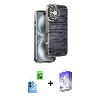 MARSİLYAN™- iPhone 16 Kılıf Atlas Minimal Özel Seri - Siyah Bilvis 5in1 3D Magic Cam Ekran Koruyucu + Raze Metal Kamera Lens - LT