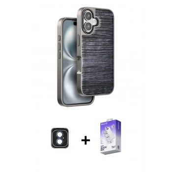MARSİLYAN™- iPhone 16 Kılıf Atlas Minimal Özel Seri - Siyah Bilvis 5in1 3D Magic Cam Ekran Koruyucu + PVD Metal Kamera Lens - MI