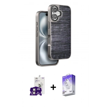 MARSİLYAN™- iPhone 16 Kılıf Atlas Minimal Özel Seri - Siyah Bilvis 5in1 3D Magic Cam Ekran Koruyucu + Bilvis Titan Kamera Lens - PE