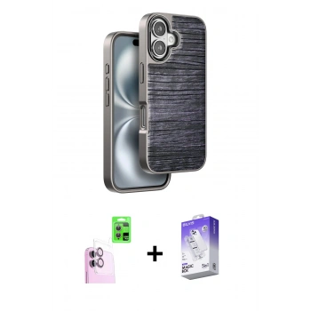 MARSİLYAN™- iPhone 16 Kılıf Atlas Minimal Özel Seri - Siyah Bilvis 5in1 3D Magic Cam Ekran Koruyucu + Raze Metal Kamera Lens - PE