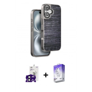 MARSİLYAN™- iPhone 16 Kılıf Atlas Minimal Özel Seri - Siyah Bilvis 5in1 3D Magic Cam Ekran Koruyucu + Bilvis Titan Kamera Lens - SH