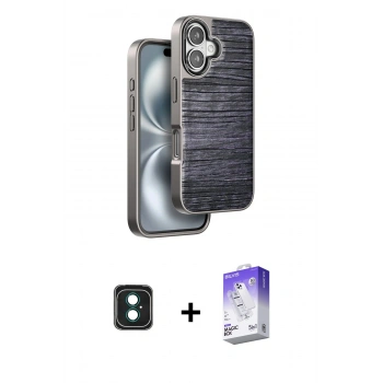 MARSİLYAN™- iPhone 16 Kılıf Atlas Minimal Özel Seri - Siyah Bilvis 5in1 3D Magic Cam Ekran Koruyucu + PVD Metal Kamera Lens - YL