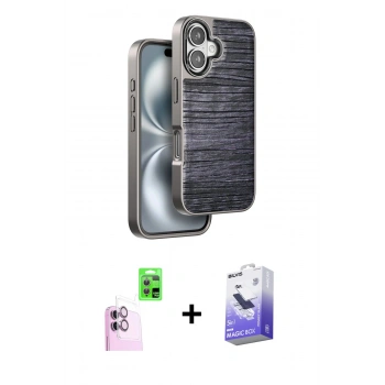 MARSİLYAN™- iPhone 16 Kılıf Atlas Minimal Özel Seri - Siyah Bilvis 5in1 5D Magic Hayalet Cam Ekran Koruyucu + Raze Metal Kamera Lens - PE