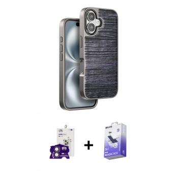 MARSİLYAN™- iPhone 16 Kılıf Atlas Minimal Özel Seri - Siyah Bilvis 5in1 5D Magic Hayalet Cam Ekran Koruyucu + Bilvis Titan Kamera Lens - PE