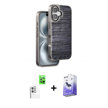 MARSİLYAN™- iPhone 16 Kılıf Atlas Minimal Özel Seri - Siyah Bilvis 5in1 5D Magic Hayalet Cam Ekran Koruyucu + Raze Metal Kamera Lens - BZ