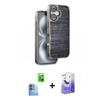 MARSİLYAN™- iPhone 16 Kılıf Atlas Minimal Özel Seri - Siyah Bilvis 5in1 5D Magic Hayalet Cam Ekran Koruyucu + Raze Metal Kamera Lens - LT